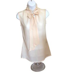 NWT Ruffle Neck Bow Tie Sleeveless Top Blouse Officecore Career XS